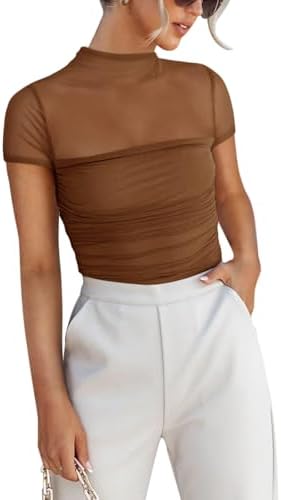 REORIA Women's Sexy Mock Turtle Neck Short Sleeve Shirts Sheer Mesh Ruched Trendy Going Out Bodysuits Tops