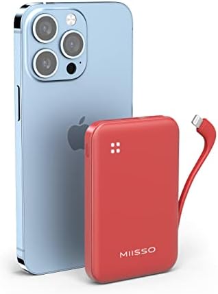miisso 4500mAh Built in Cable Cell Phone External Battery Pack, Portable Phone Charger Power Bank 5V 2.1A Charging Mobile Phone Charger USB-C in/Out Compatible with iPhone 6/7/8/X/11/12/13/14, Red