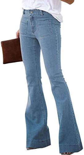 Sidefeel Women's High Waisted Destroyed Flared Jeans Elastic Waist Bell Bottom Raw Hem Denim Pants Bootcut