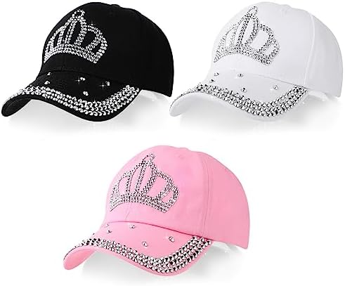 Jeyiour 3 Pcs Rhinestone Women Baseball Cap Bling Crown Hats Adjustable Girl Baseball Cap Cotton Jeweled Hats for Women Denim Golf Jeans Sun Hats for Cowboy Ball Gifts Costume Accessories