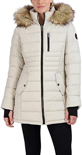 HFX Women's 3/4 Midweight Puffer Jacket Front Button Off Faux Fur Trimmed Hood Zippered Chest Pocket Water Resistant 31" Coat