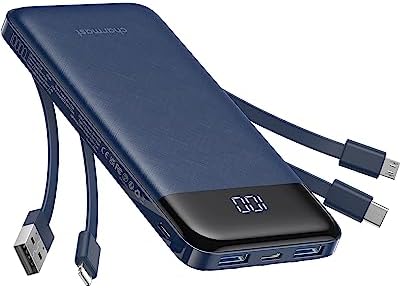 Portable Charger with Built in Cables, Portable Charger with Cords Wires Slim 10000mAh Travel Essentials Battery Pack 6 Outputs 3A High Speed Power Bank for iPhone Samsung Pixel LG Moto iPad