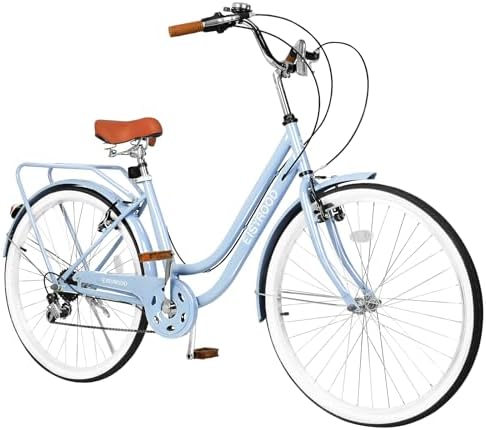EISYROOD 26 Inch Beach Cruiser Bike for Women, Hybrid Cruiser Bike with 7 Speed, Adjustable Seat, Lightweight Women Beach Cruiser Bike with Anti-Skid Tires, V-Brakes, Pink & Blue