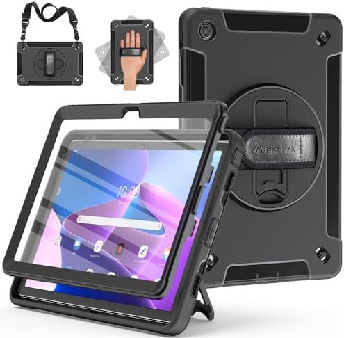 Miesherk Case for Lenovo Tab M10 Plus 3rd Gen: Military Grade Shockproof Case for Lenovo Tablet M10 Plus 10.6" TB-125F/TB-128F with Screen Protector-Rotating Stand-Hand/Shoulder Strap-Black