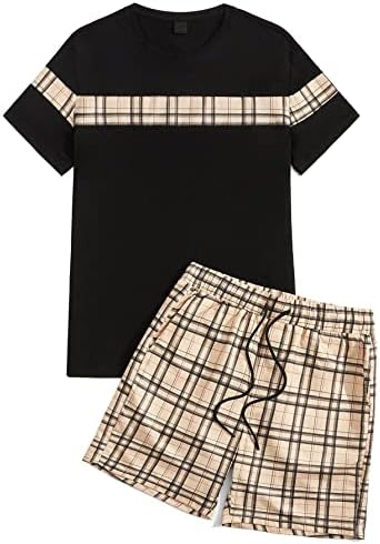 GORGLITTER Men's Plaid Print Casual Short Sleeve T Shirts and Shorts Tracksuit Set