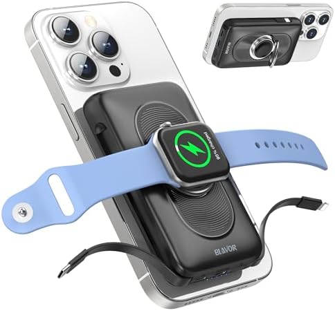 BLAVOR Portable Charger, 10000mAh Magnetic Wireless Power Bank Built-in Cables with iWatch Charger,Battery Pack for iPhone 15 14 13 Pro, Powerbank for Apple Watch