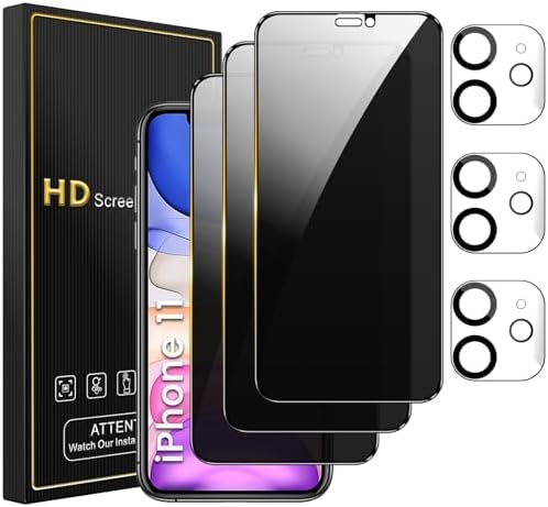 NBiefuny 3 Pack Privacy Screen Protector for iPhone 11 6.1 Inch with 3 Pack Camera Lens Protector, Anti Spy Tempered Glass Film, Anti-Scratch, Touch Sensitive, Bubble Free, Case Friendly