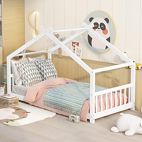 Harper & Bright Designs Twin Size House Bed for Kids, Montessori Twin Bed Frame with Headboard and Footboard, Wooden Children Bed for Girls Boys Bedroom Furniture, No Box Spring Needed, White