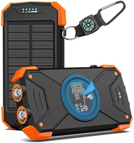 BLAVOR Solar Charger Power Bank, Real Rated 10,000mAh Portable Wireless Charger with USB C Input/Output for Cell Phones, External Battery Pack with Dual Flashlight for Camping (Orange)