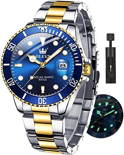 OLEVS Watches for Men with Date Luxury Big Face Waterproof Mens Wristwatch Analog Dress Two Tone Stainless Steel Man Watch Luminous Relojes De Hombre Calendar(Green/Blue/Black Dial