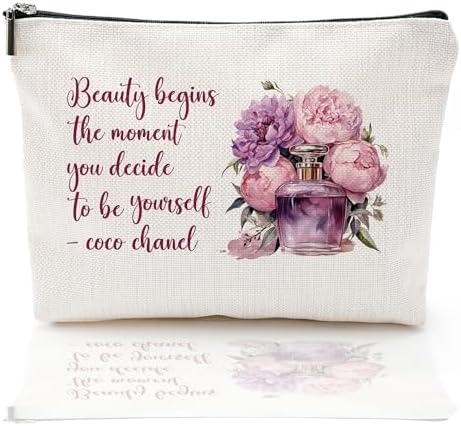 Coco Chanel Quotes Makeup Bag,Fashion Gift for Gilrs, Perfume Flower Beauty Begins The Moment You Decide To Be Yourself- Cosmetic Bag Waterproof Linen Toiletry Beauty Bag Travel Accessories Pouch