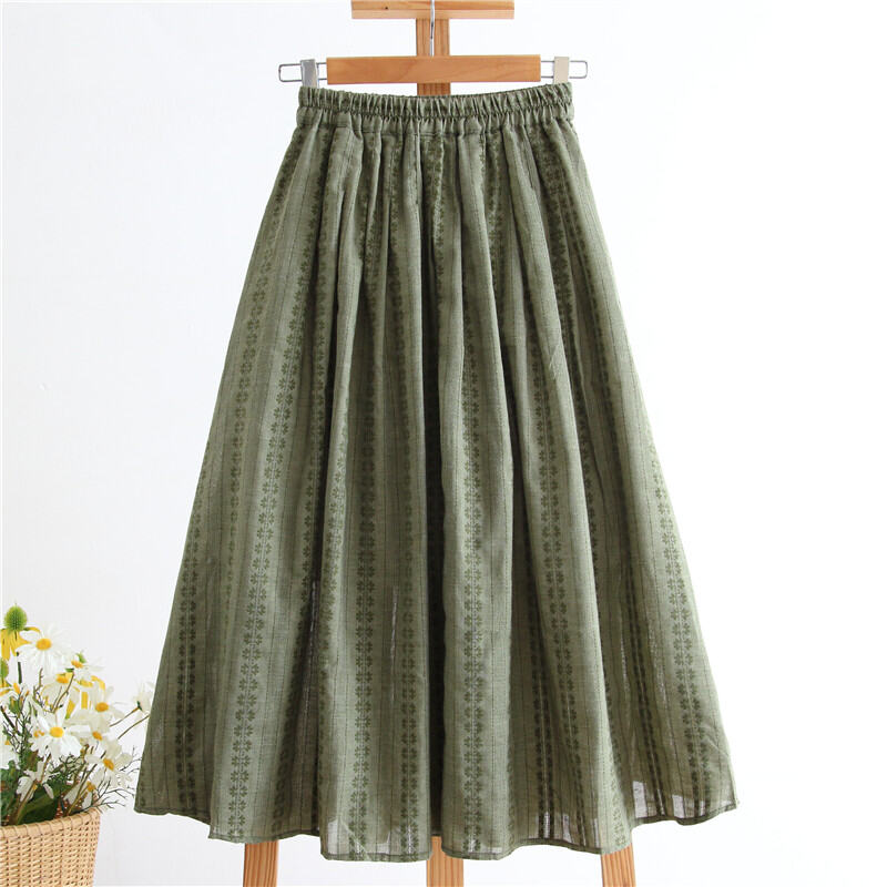 Flower and Bamboo 2024 Summer Dress Artsy Retro Loose Cotton High Waist Floral Stripes Skirt for Women A- line Long Skirt