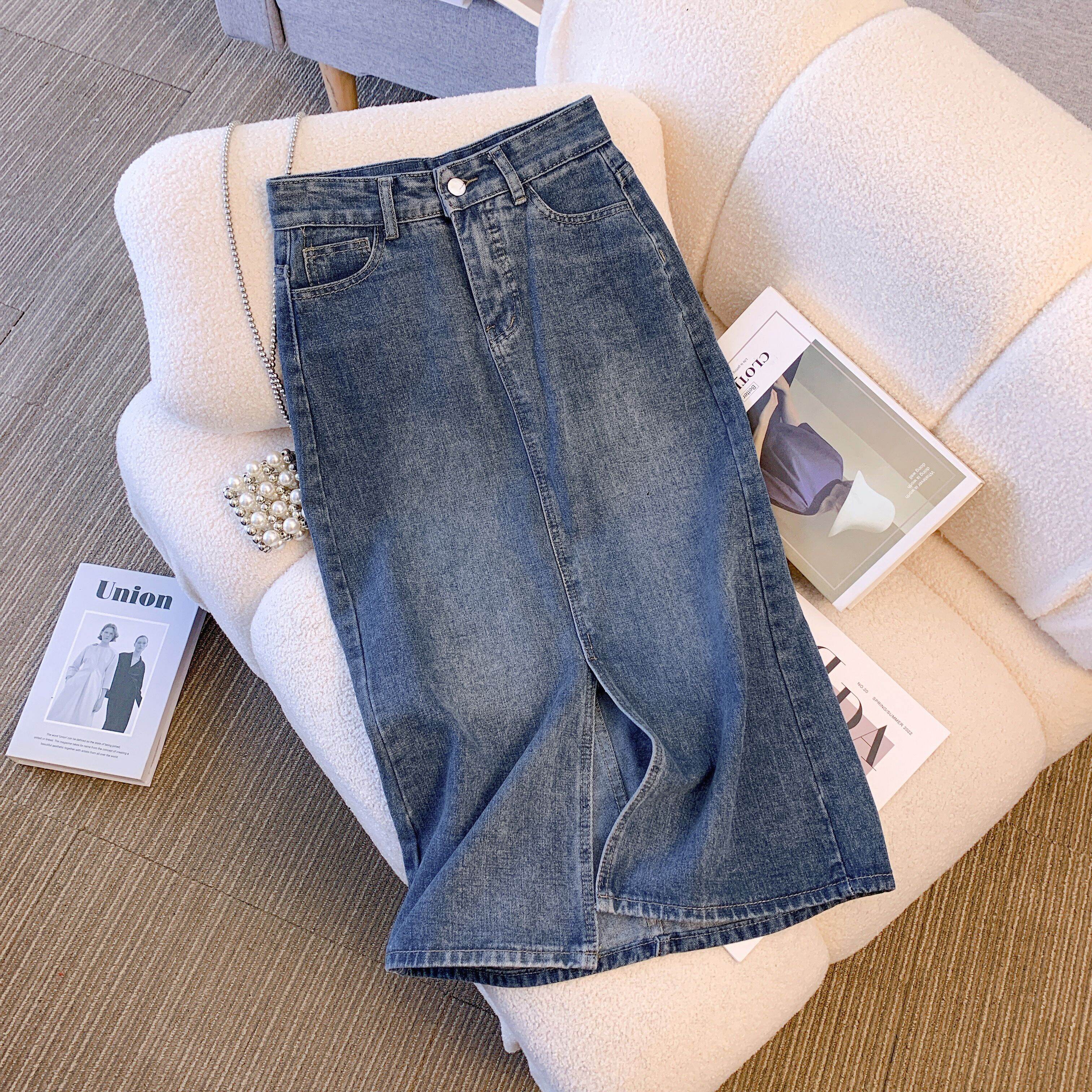 Retro Washed Split Denim Skirt Women's Autumn Clothing Mid Length Long Length High Waist A- line Skirt Short Slim Looking Bodycon Dress