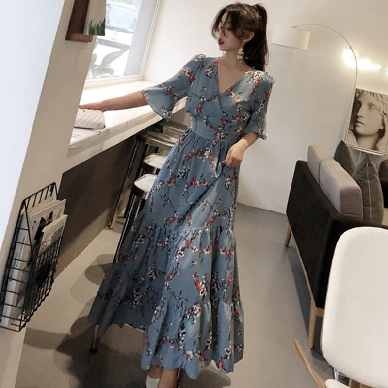 Plus Size Women's Clothing Plus Size Ladies Covering Belly Thin Super Fairy Overknee Dress Summer 2024 New Chiffon Floral Dress