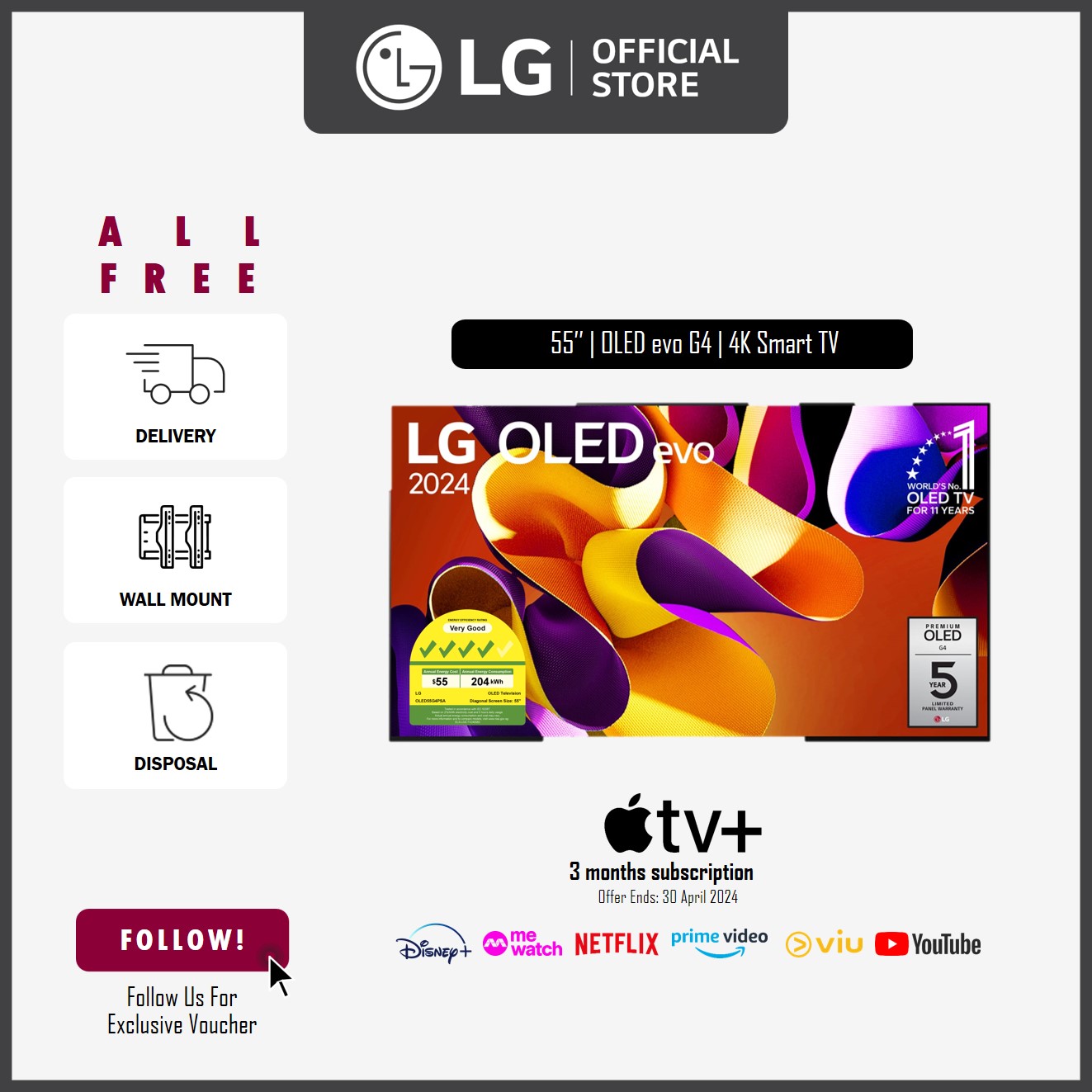 [NEW] LG OLED55G4PSA OLED 55'' evo G4 4K Smart TV + Free Delivery + Free Wall-Mount Installation Worth up to $200