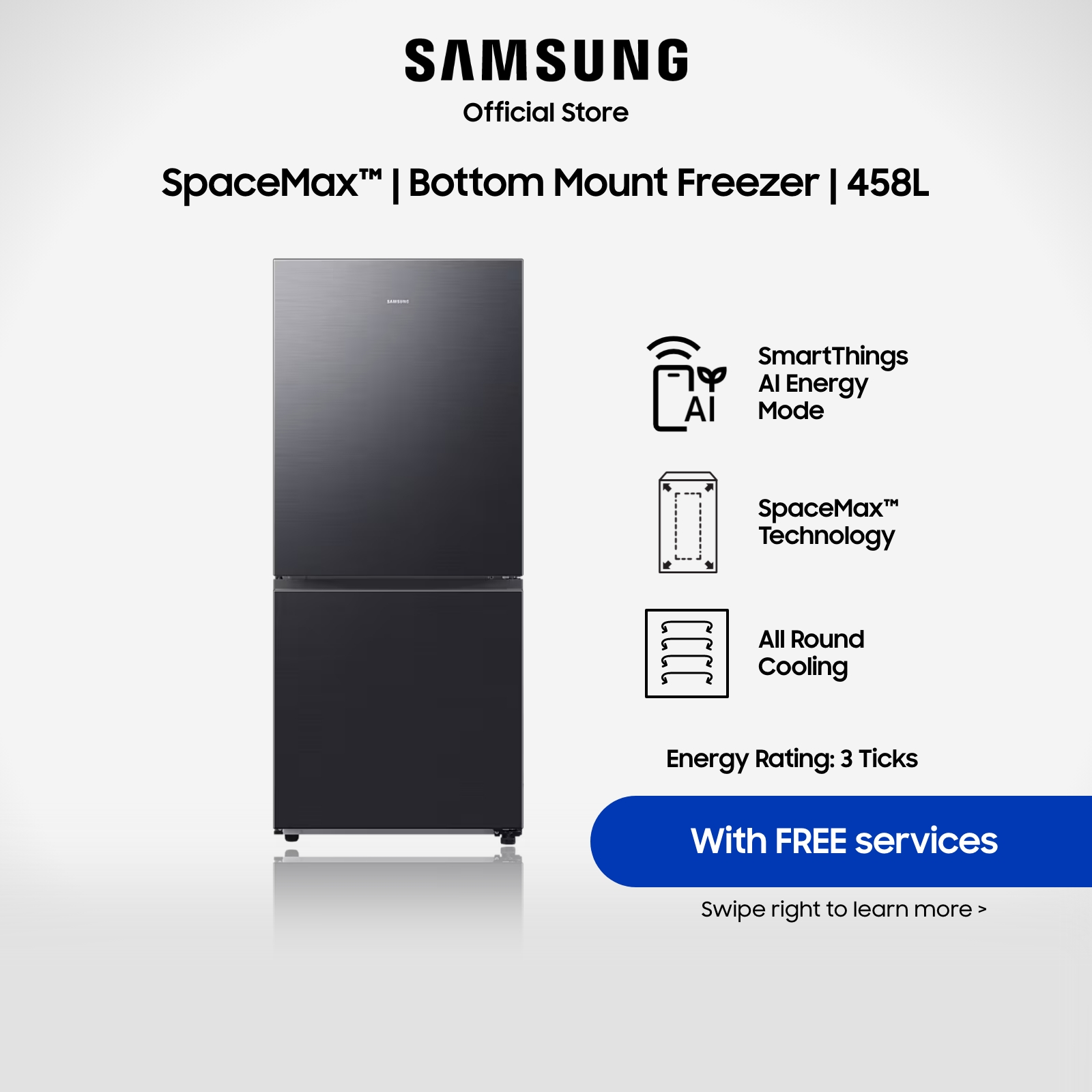 Samsung RB45DG600EB1SS, Bottom Mount Freezer Refrigerator, 458L, 3 Ticks