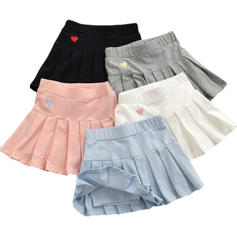 Girls Pleated Skirt Children's Cotton Plain Short Skirts with Safety Pants Kids Fashion