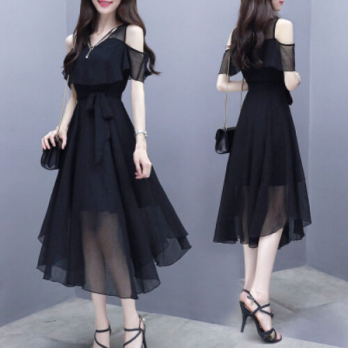 Korean Style Women Casual Midi Dress Chiffon Summer Short Sleeve Dresses Ladies