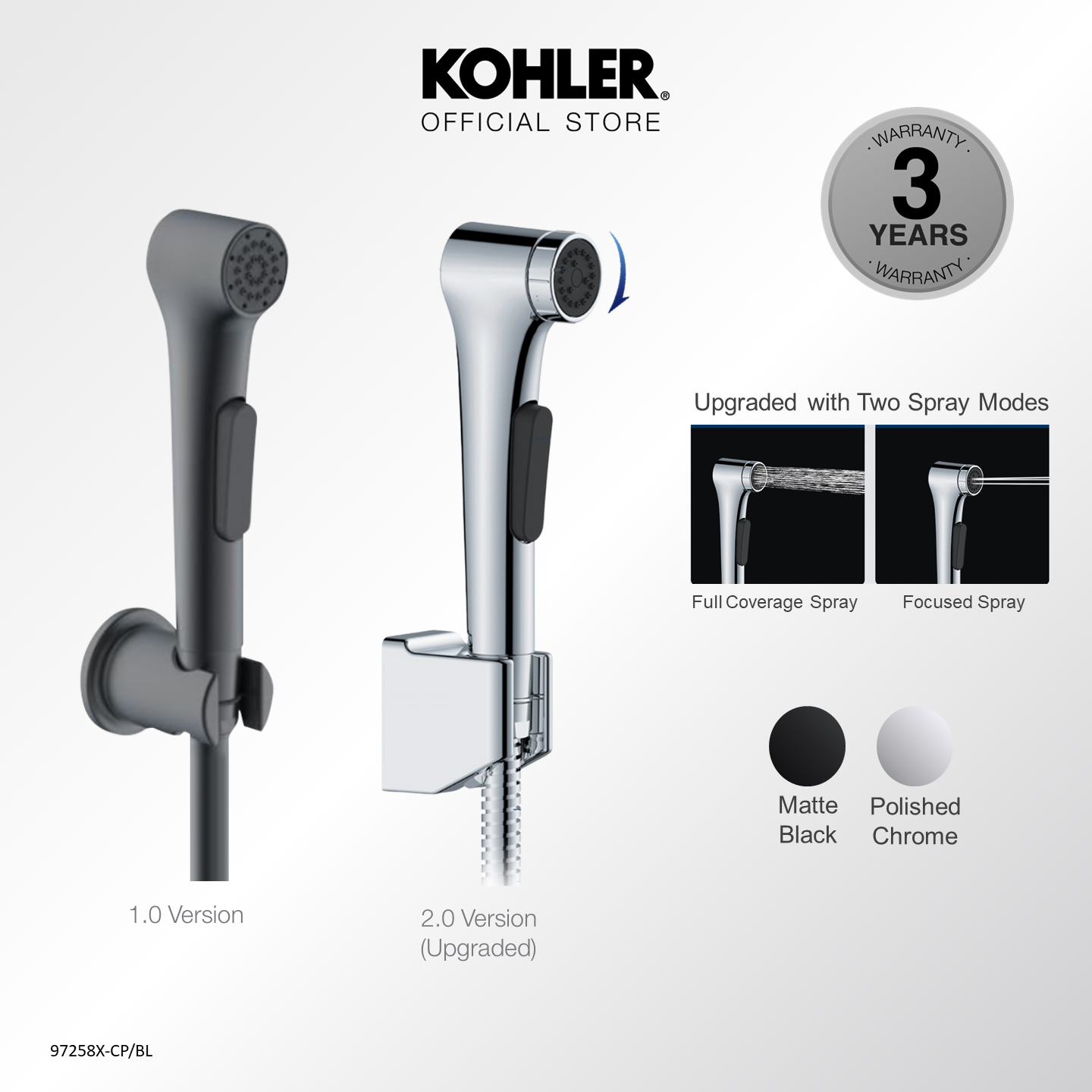 [Upgraded] KOHLER Elate Bidet Spray, Anti-bacterial Hygiene Spray with Wall Bracket & Hose, Polished Chrome 1.0 K-97258X-CP / 2.0 Upgraded K-R29784T-CP / Matt Black 1.0 K-R97258T-B-BL