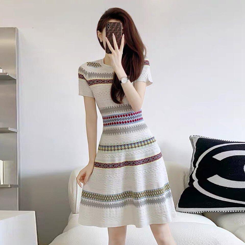 Missliu Fashion Women's Light Luxury Small Fragrance Dress Summer New High-End Elegant Striped Ice Silk Knitted Short Sleeve Skirt