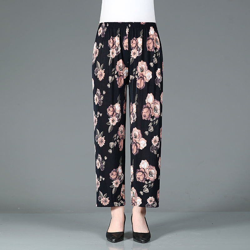 hgvbsgdbnj Middle aged women's pants Summer women's high waisted elastic large size mom straight tube middle-aged and elderly mom casual cropped pantsCasual