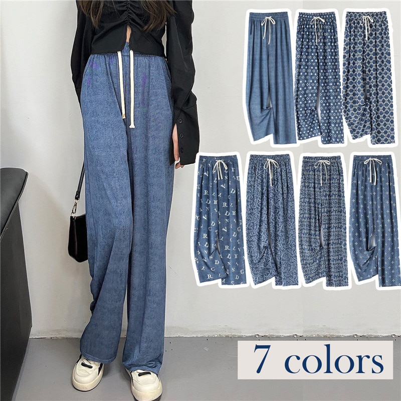 2023 Print Ice Silk Wide Leg Pants Women High Waisted Trousers Women Casual Baggy Pants Woman Fashion Summer Women's Pants
