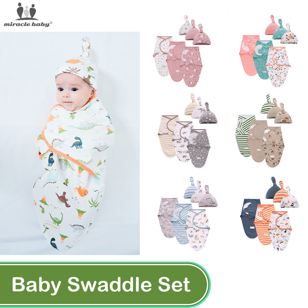 Miracle Baby 3pcs/set Newborn Baby Cotton Swaddle & Hat Infant Baby Swaddle Blanket Wrap Envelope Type Kain Bedung Bayi Kain Balut Bayi & Topi Bayi Selimut Napkin Lampin Lampin Selimut