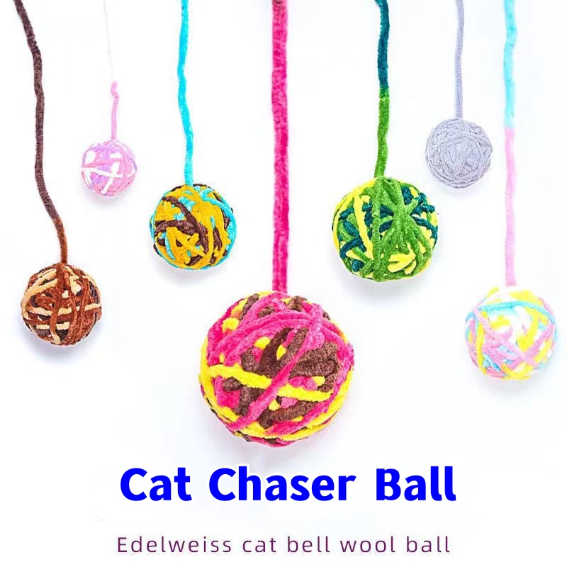 [SG Stock]Cat Chaser Ball Fluffy Wool Yarn Ball Colorful Pompom Ball 5CM with Tail Cat Soft Toy
